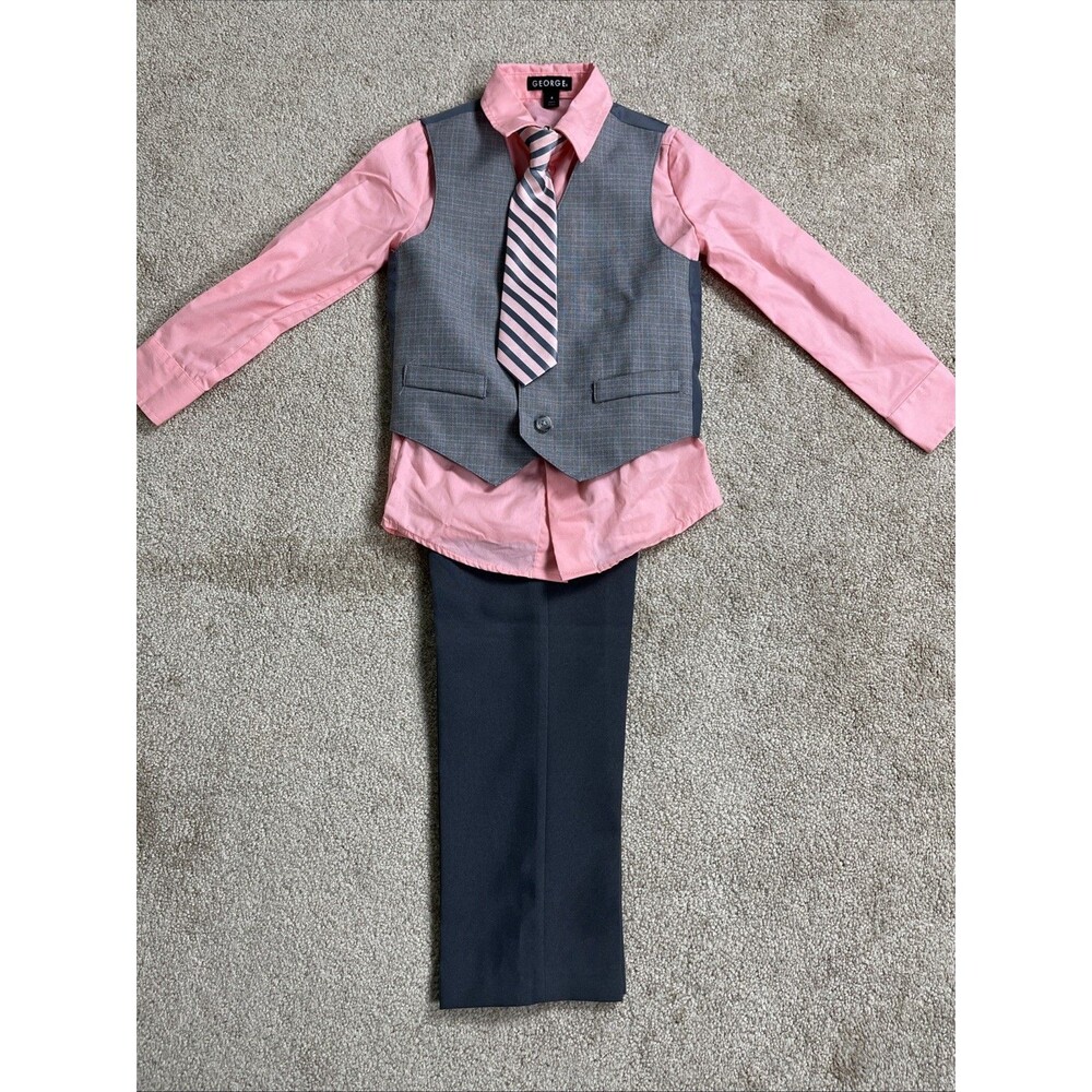 NWOT George Toddler 4t Boys 4pc Dress Up Outfit Vest Shirt Tie Pants Pink Gray